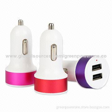 Car Chargers with Two USB Output, 5V 2.4A (Maximum)